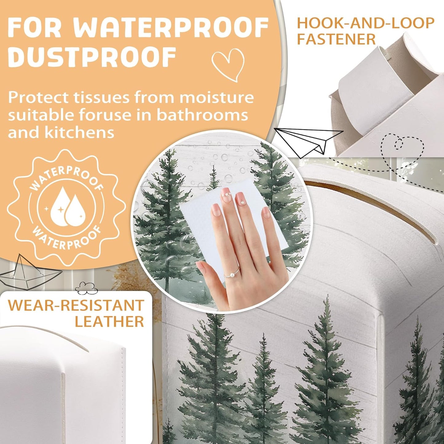 Winter Pine Tree Tissue Box Holder, Christmas Tree Leather Tissue Box Cover Square with Bottom Belt, Paper Facial Decorative Tissues Cover for Night Stands Bathroom Kitchen Office Home Decor-B21