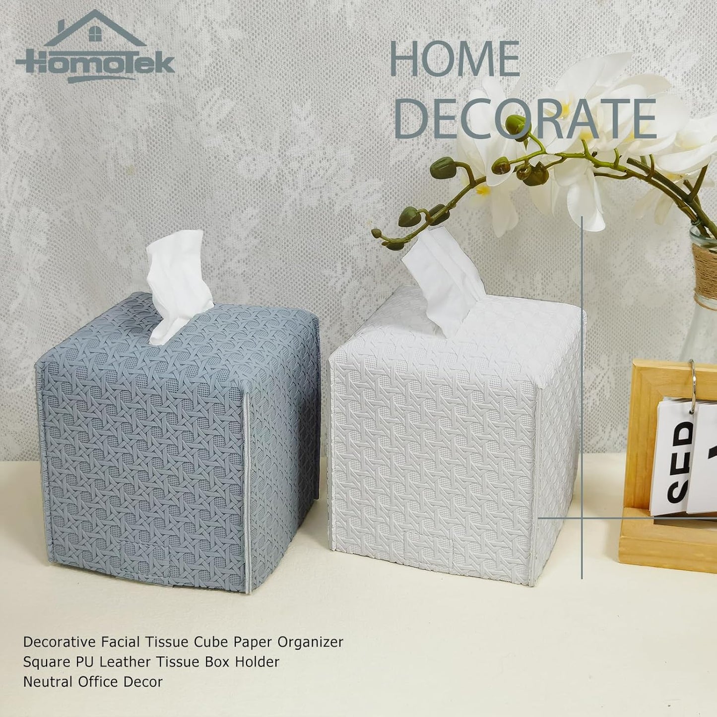 HOMOTEK 2 Pack Tissue Box Cover, Square PU Leather Tissue Holder, Decorative Facial Tissue Cube Paper Organizer Dispenser for Bathroom, Night Stands, Desk, Car 5X5X5'' - Rattan Weave, Light Gray