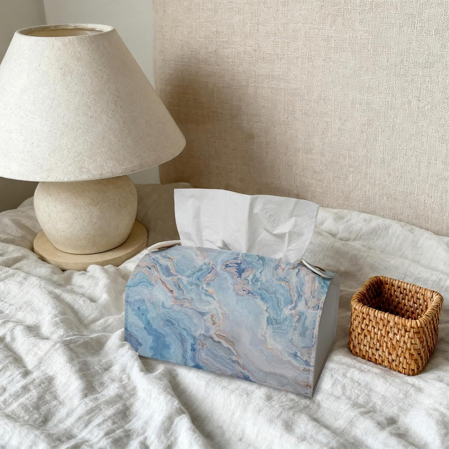 Blue and Grey Marble Tissue Box Cover Holder – Rectangular Tissue Organizer, Decorative Napkin Box Case for Home, Office & Car