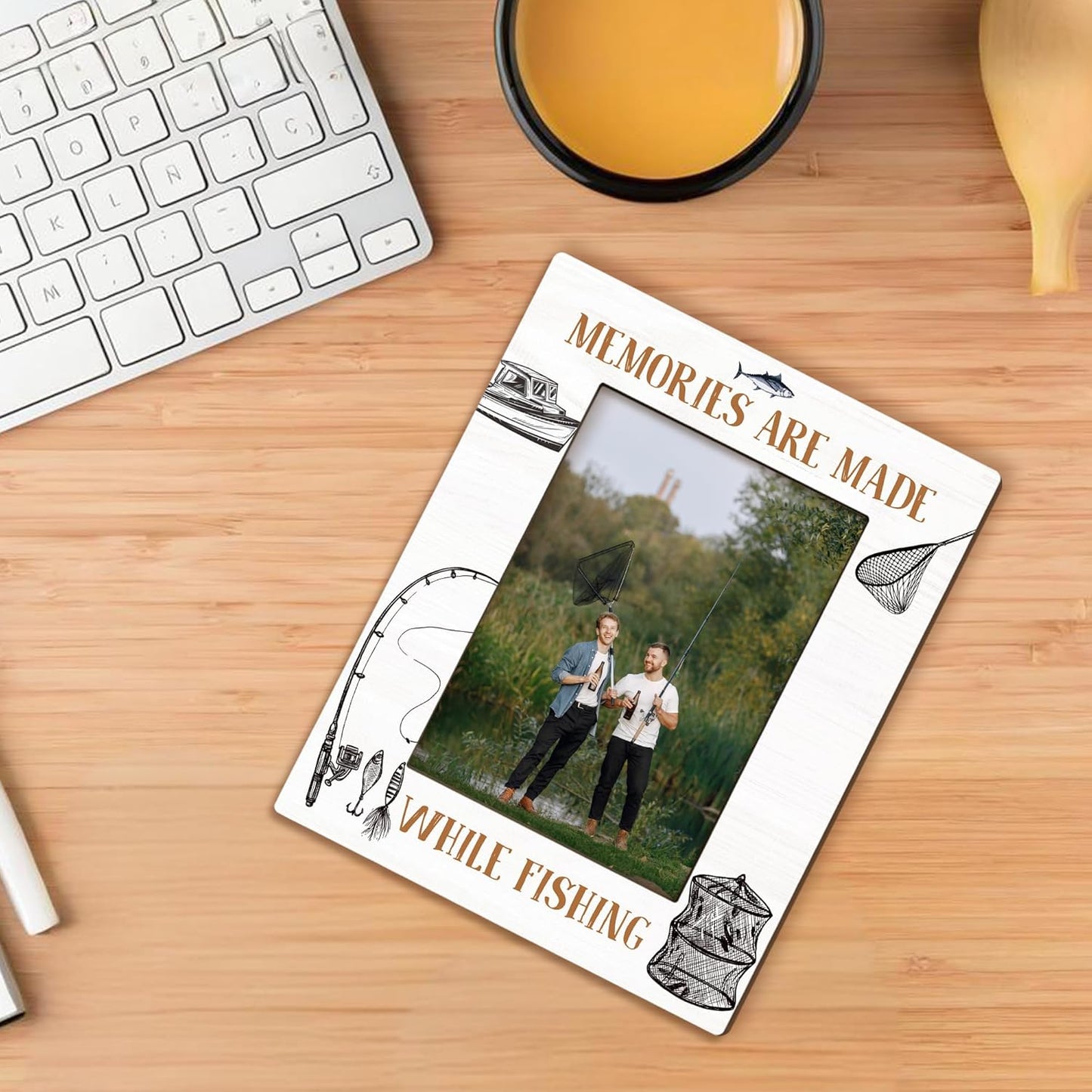 Fishing Picture Frame 5x7, Holiday Decor Photo Frame, FishingGifts for Fisherman Friends Men Dad Grandpa, Memories are Made While Fishing Wooden Picture Photo Frames for Desk Home Room Decor
