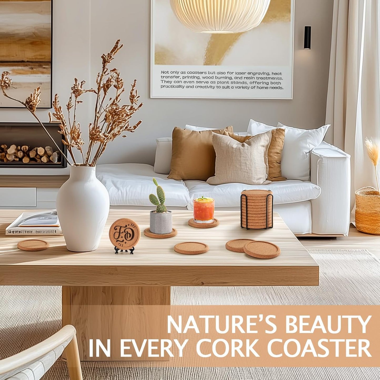 Cork Coasters for Drinks with Metal Holder, GOH DODD Absorbent Blank Coasters Tabletop Protection Home Decor for Housewarming Gifts Wedding Laser Engraving Wood Burning, Set of 12, Round, 4 Inch