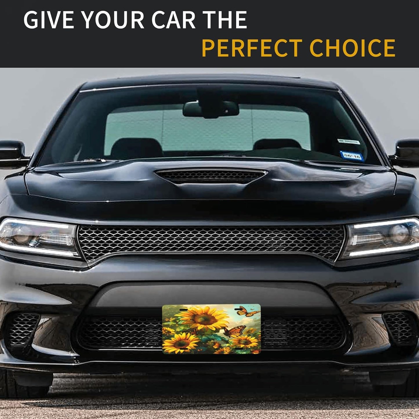 Front License Plate for Car Designs Sunflower Flower Butterfly Stainless License Plate Cover Holder for Men Women Metal Aluminum Decorative Accessory Vanity Tag Standard 6 X 12 inch (4 Holes)