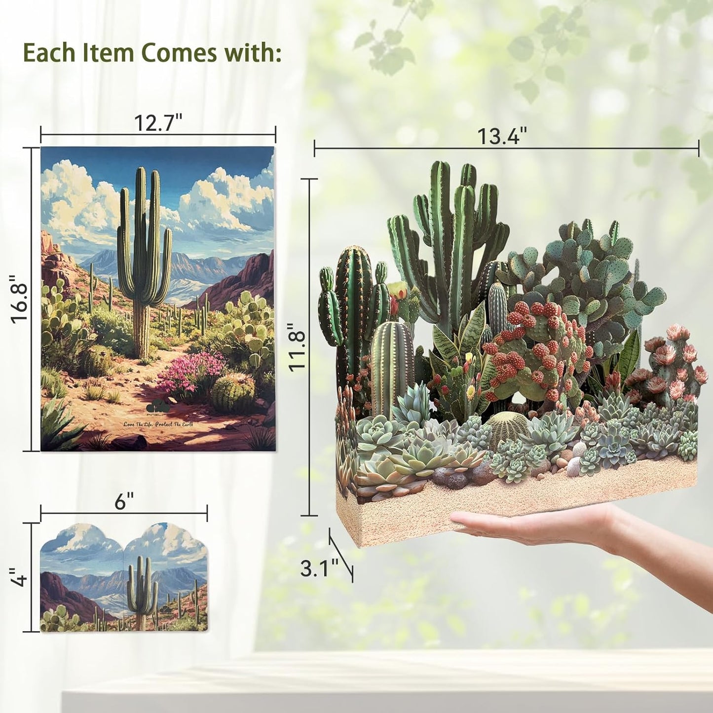 Cactus Pop Up Card, 3D Succulent Card, Birthday, Get Well, Thank You Greeting Cards For Friends and Coworkers with Envelope & Note Card (Desert Garden)