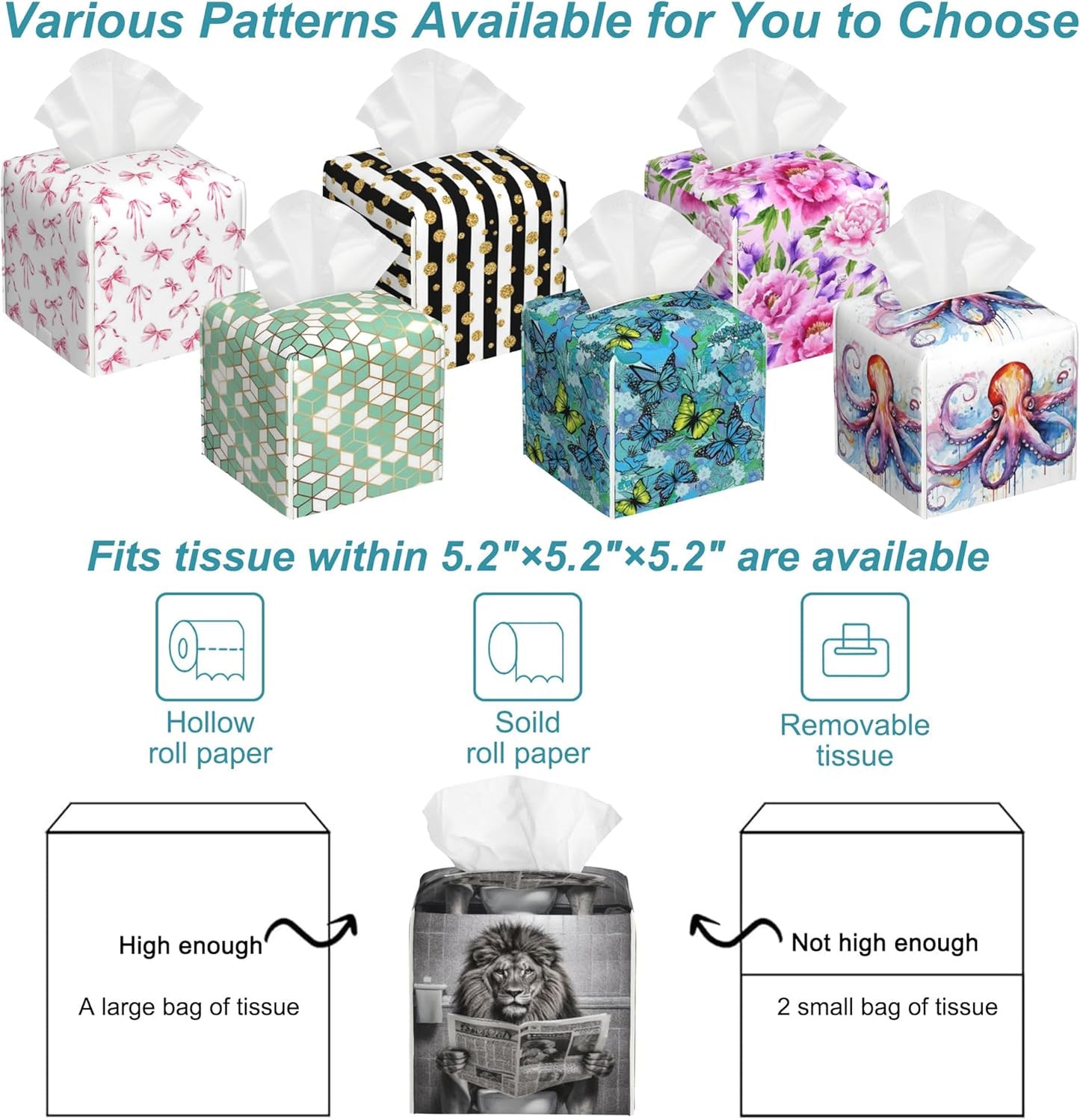 Lion Sit on Toilet Tissue Box Cover,Tissue Box Holder Square with Bottom Belt,Waterproof Leather Organizer Portable Decorative Facial Paper for Bedroom Dresser Night Stand Office,5.2" x 5.2" x 5.2"