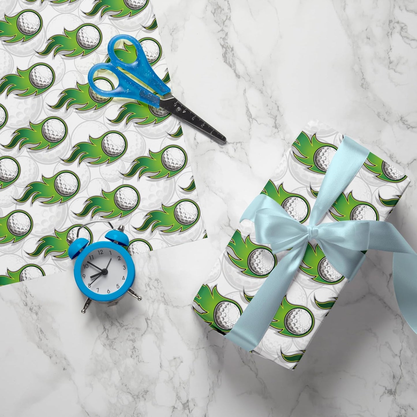 WAPLIGHAL Golf Wrapping Paper - 28 x 40 Inches - White Background with Green Flame Golf Ball Design - Perfect for Birthdays, Holidays, Father’s Day