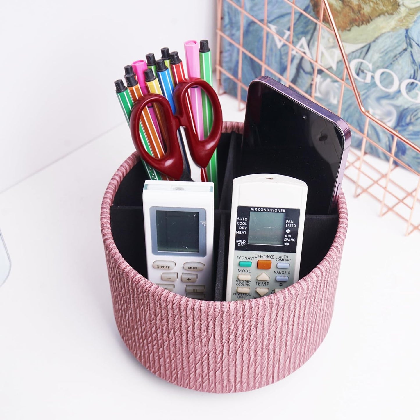 Hennaja Round Leather Art Supply Organizer,Remote Control Holder,360 Degree Spinning,Multi-Functional Pencil Holder,4 Compartments Desktop Stationary Organizer(1-Wood Pink)