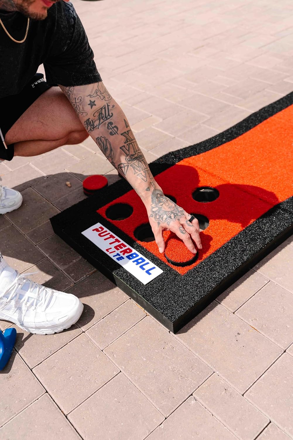 PutterBall Lite Original Golf Putting Game Set – Backyard 9 ft Putting Green Pong Style Golf Mat with 2 Putters, 2 Balls & Hole Covers