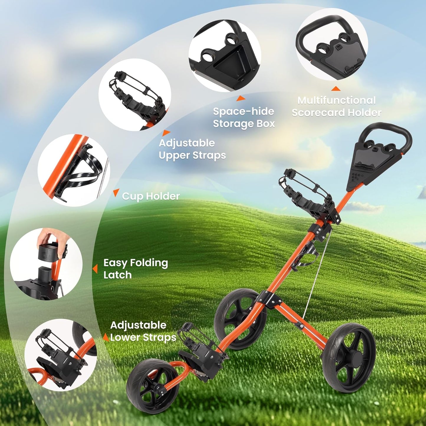 Golf Cart Golf Push Cart Golf Bag Cart with 3 Wheel Quick Folding Scorecard Holder Cup Holder Foot Brake 360 Rotating Front Wheel Large Wheelbase for Different Terrain