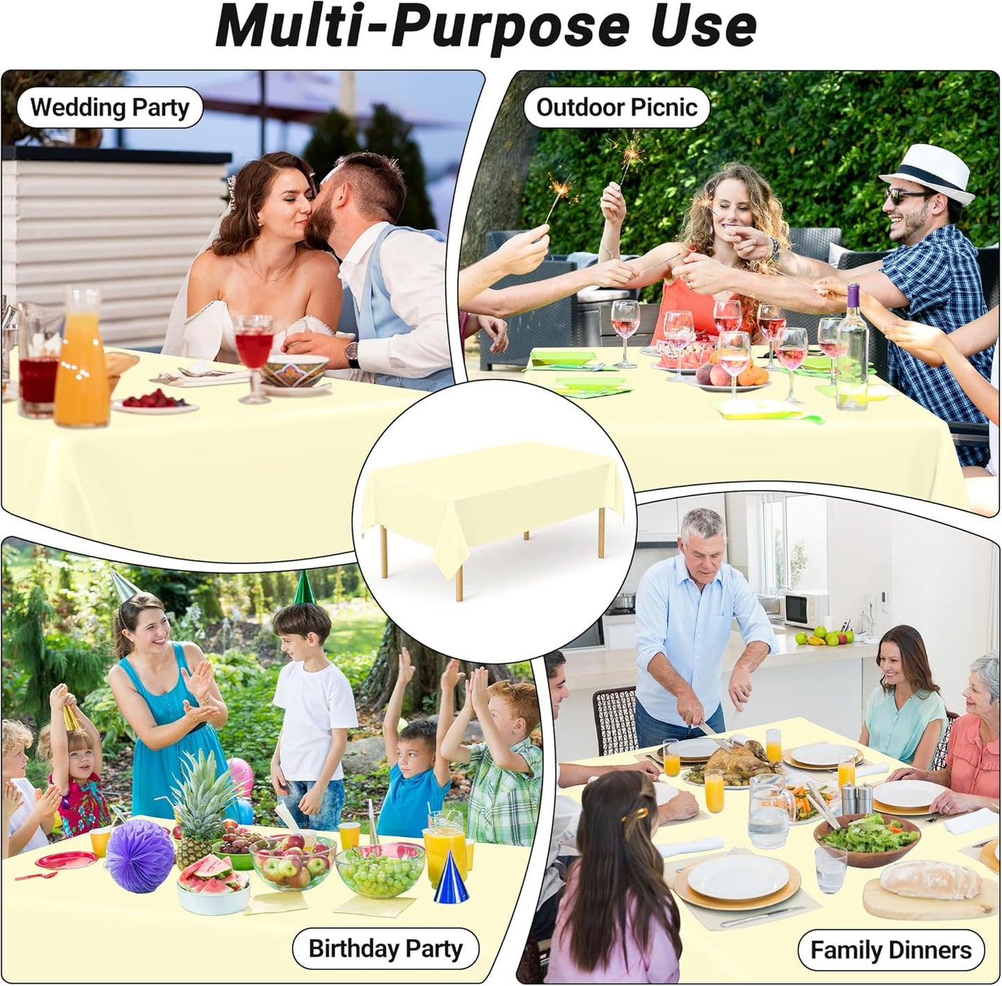 QZYL 12 PCS Ivory Plastic Tablecloths, 54 in x 108 in Dinner Table Cloths, Rectangle Table Cover for Birthday Party Family Gathering Wedding