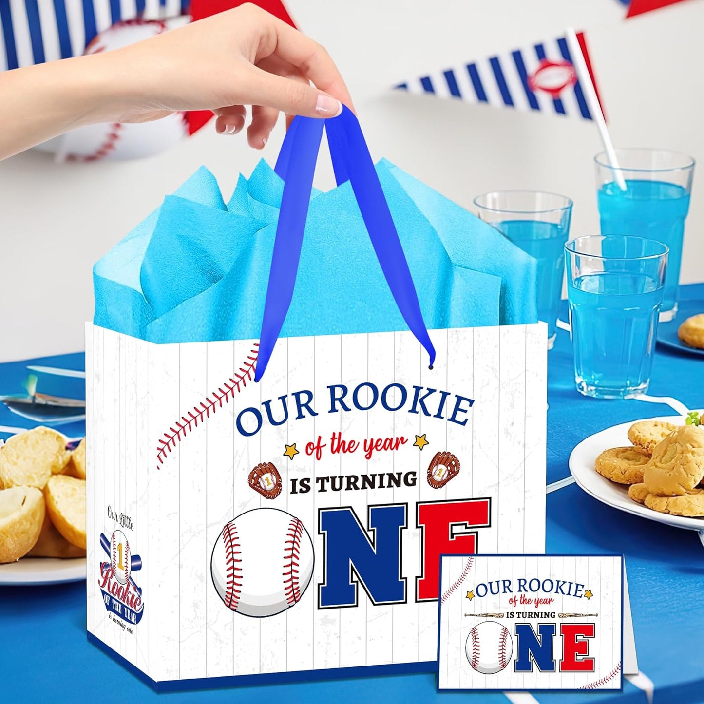 EoBeCy Baseball First Birthday Gift Bag with Tissue Paper and Greeting Card, Rookie of The Year Wrapping Paper, Large Sports Gift Bag for Boys Kids One Year Old Birthday Party Favors