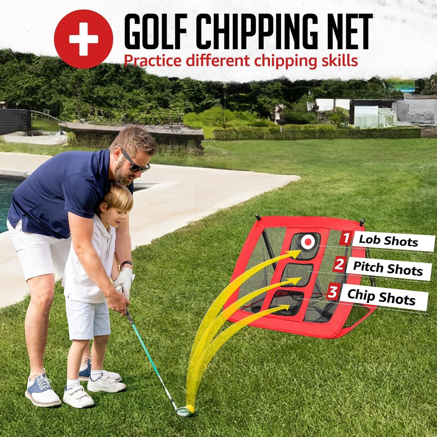 Golf Net, 10x7ft Practice Net with Chipping Net, Foldable Mat, Silk Target, 8 Tees, 6 Balls, Carry Bag, Golf Hiting Nets for Backyard Driving Chipping Indoor Outdoor Use