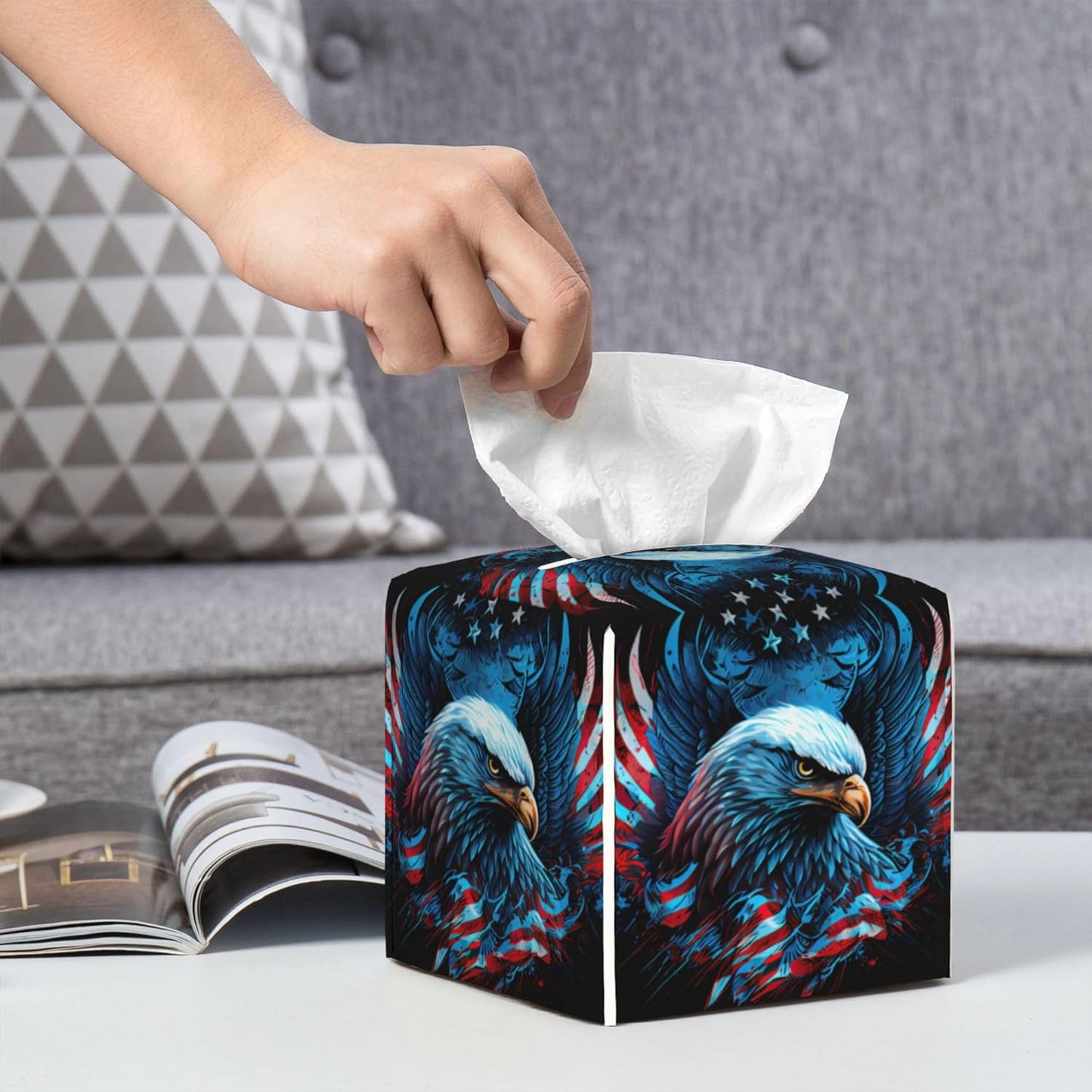American Flag Eagle Tissue Box Cover Square, The USA Flag Tissue Box Holder Waterproof Leather Facial Paper Organizer Dispenser for Bathroom Home Car Nightstand Vanity Desk