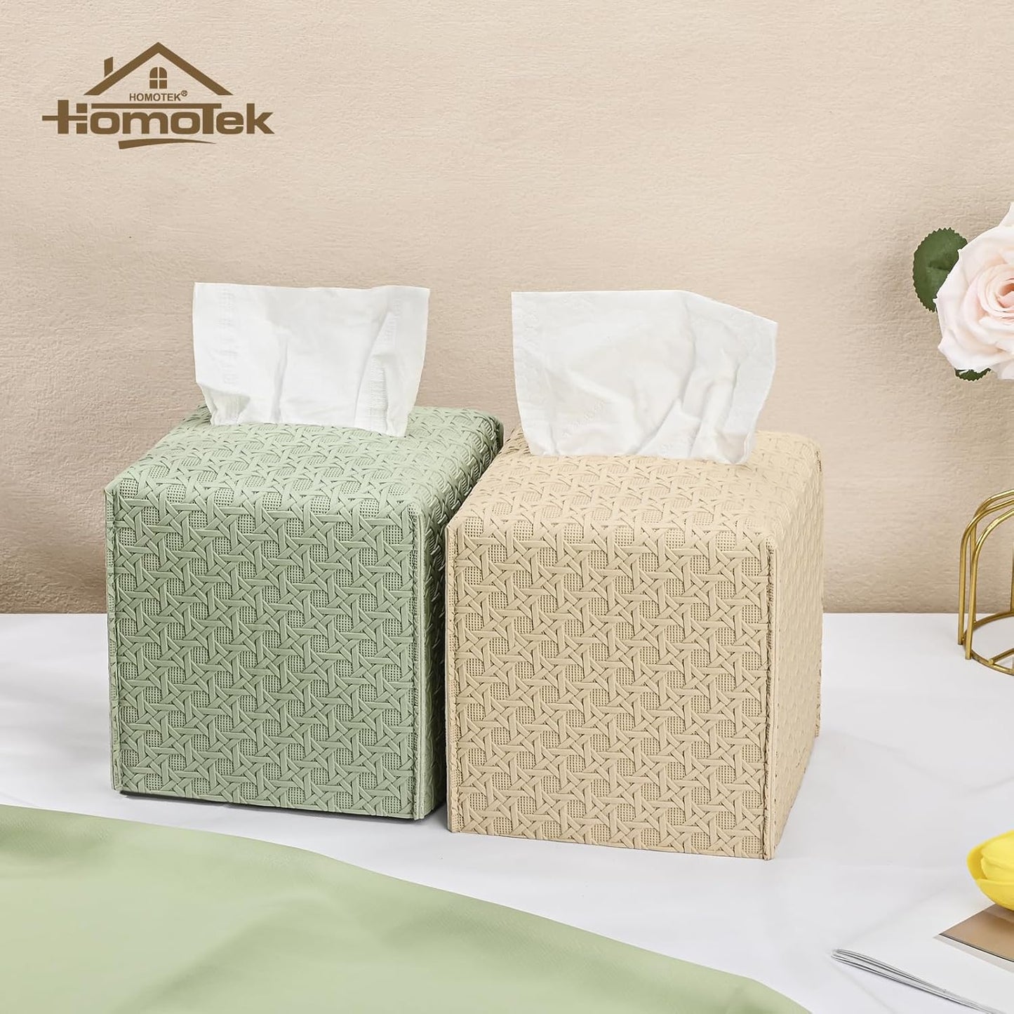 HOMOTEK 2 Pack Tissue Box Cover, Square PU Leather Tissue Holder, Decorative Facial Tissue Cube Paper Organizer Dispenser for Bathroom, Night Stands, Desk, Car 5X5X5'' - Rattan Weave,Beige
