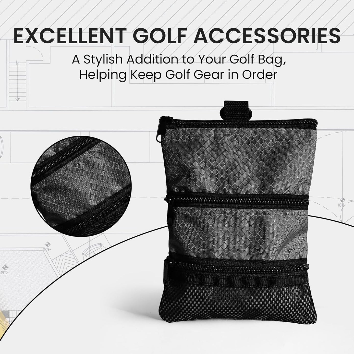 FINGER TEN Golf Pouch Bag for Valuables Tee Color with 4 Golf Pencil Pack, Zippered Pocket Gear Clip Hook to Bag