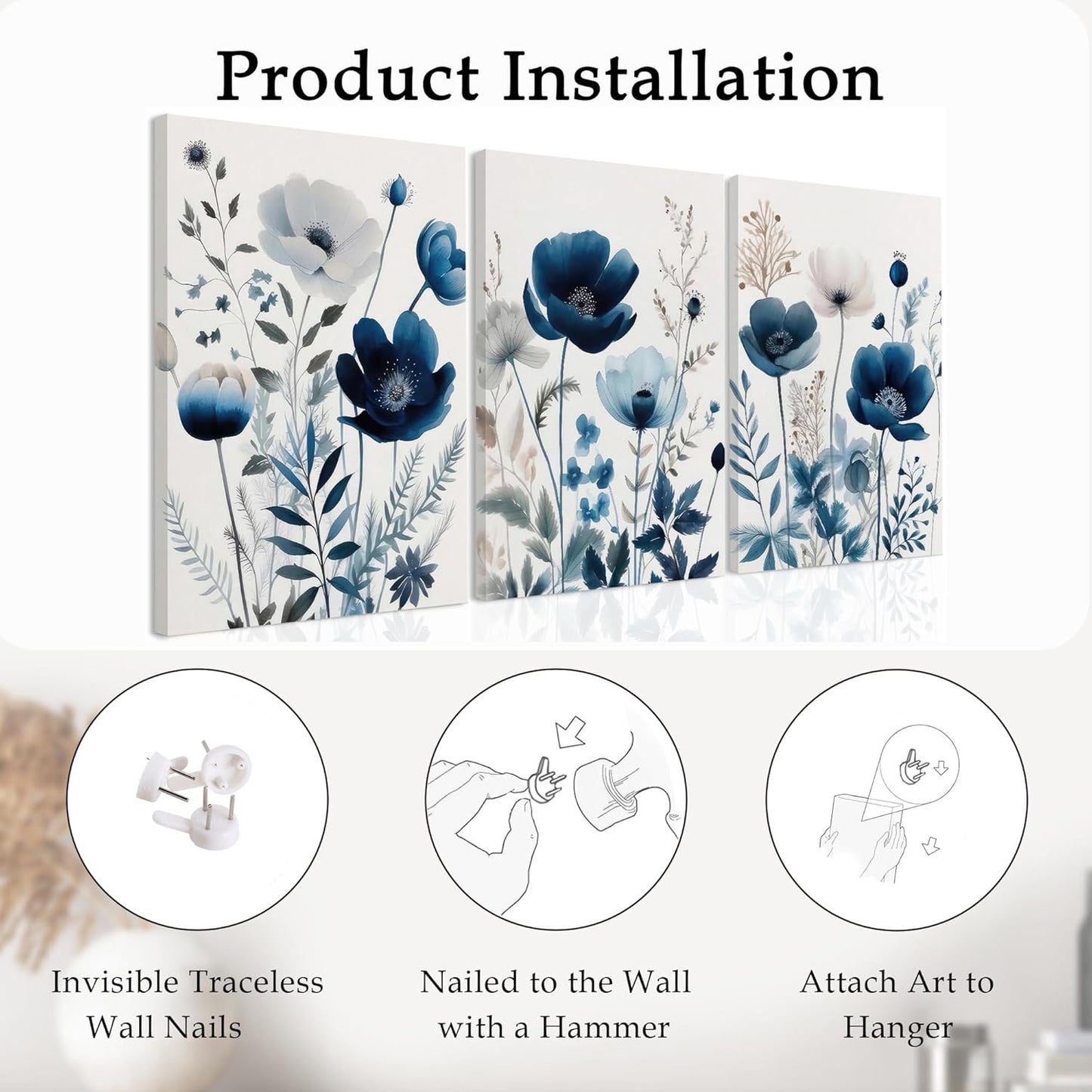 DUWQU 3 Pcs Blue Floral Canvas Wall Art, Elegant Navy Blue Wildflower Lily Daisy Art Wall Decor, Watercolor Botanical Flower Home Poster Art Prints for Living Room Bedroom Bathroom 12×16 Inches