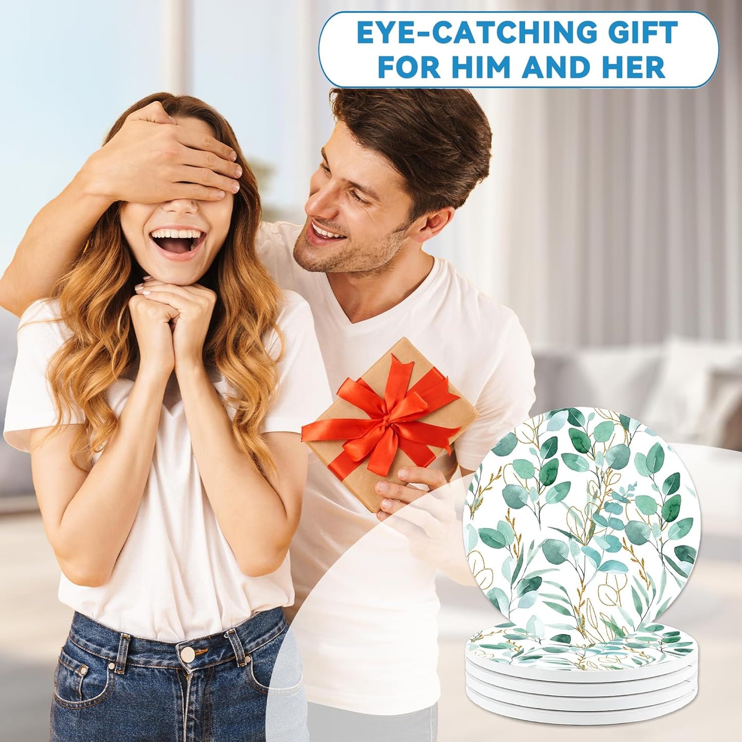 Drinks Coasters Set of 4, Sage Green Plants Round 4" Cup Coasters, Absorbent Ceramic Stone Coasters with Cork Base, Cute Coasters for Table Home Décor, Ideal Gifts for Women Men