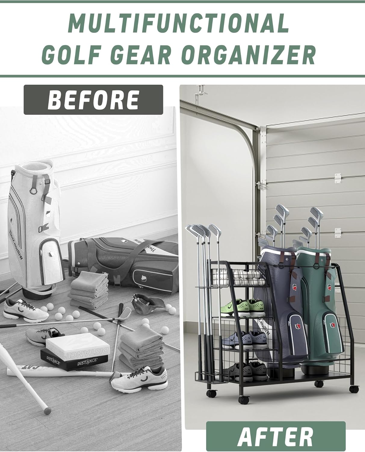 Golf Bag Organizer for Garage - 3 Golf Bag Storage Rack with Lockable Wheels - Golf Equipment Stand - Golf Clubs Bags Accessories Holder