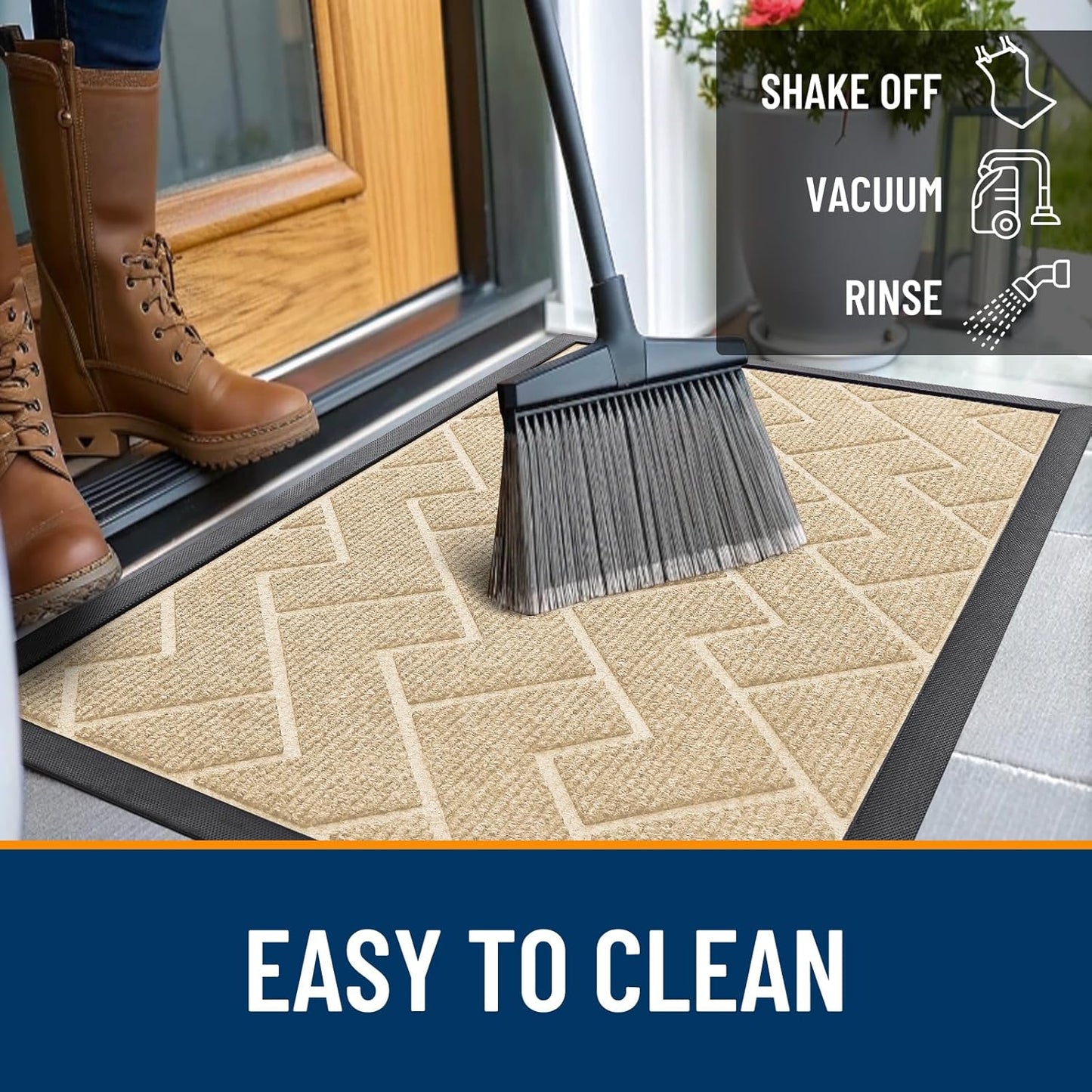 OLANLY Front Door Mat Indoor Outdoor Entrance, Waterproof All-Season, All-Weather Doormat, Sturdy Natural Rubber, Low Profile, Easy Clean Patio Porch Entryway Mat, Herringbone Brick (Beige, 71x23)