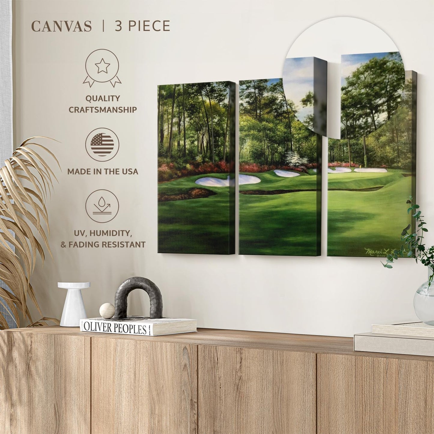 ElephantStock Augusta National 13th Hole I Wall Art - Horizontal Canvas - 3-Piece Living Room Wall Decor - Painting Sports Canvas Print - Green and Red Decor for Wall by Marci Rule - 38" X 24"