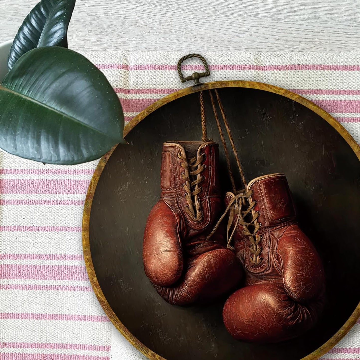 Vintage Red Boxing Gloves Wall Art Decor, Sport Framed Canvas Prints 10x10, Rustic Retro Boxing Round Wall Hanging Artwork Decorations for Home Bedroom Gym Sport Room Man Cave