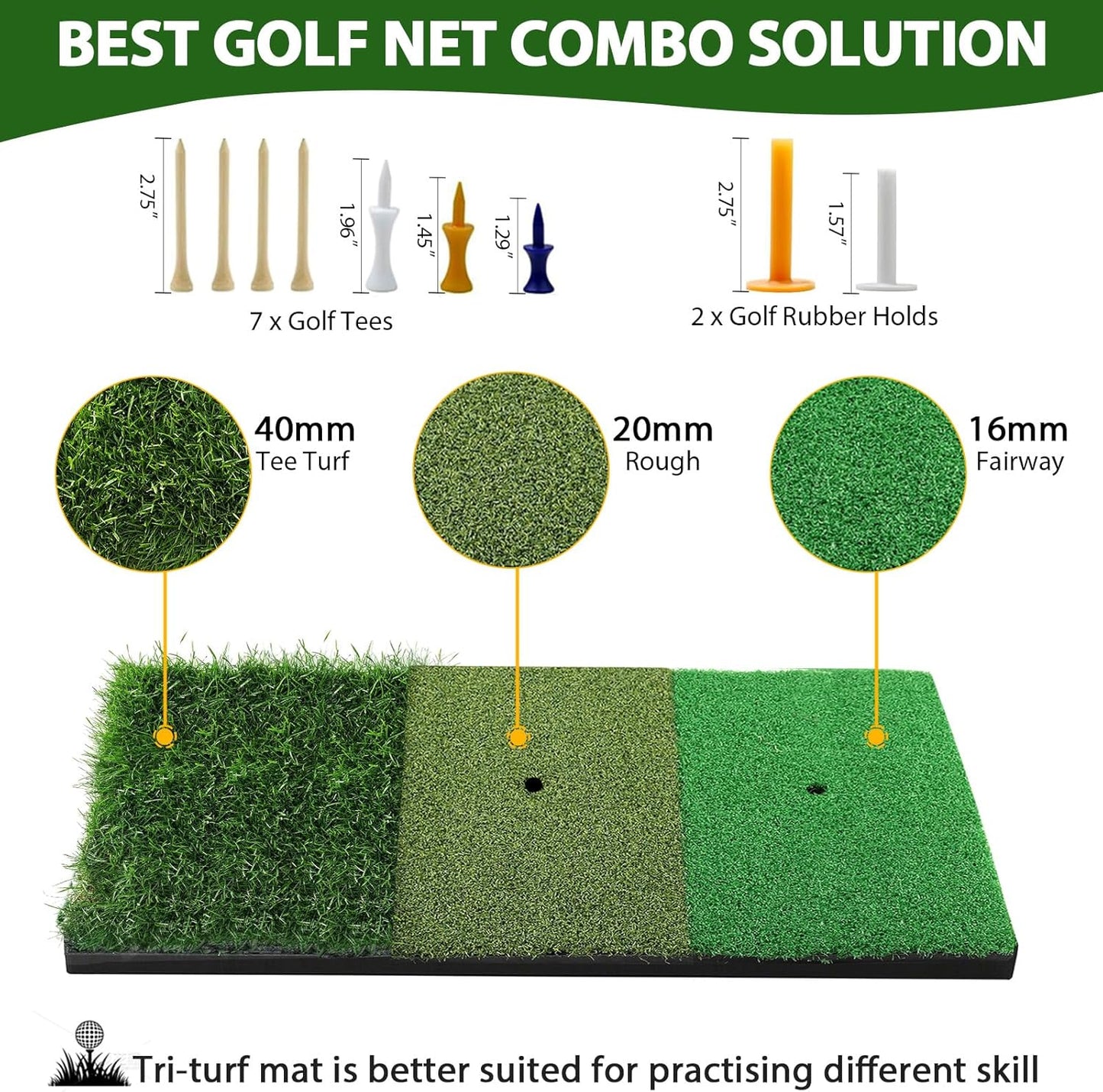 Golf Net, 10x7 Ft Practice Hitting Golf Net with Tri-Turf Mat, Ball, Tee, and Carring Bag, All-in-One Multi-Target Training Aid for Outdoor/Indoor Chipping & Driving, Ideal Gift for Men/Enthusiasts