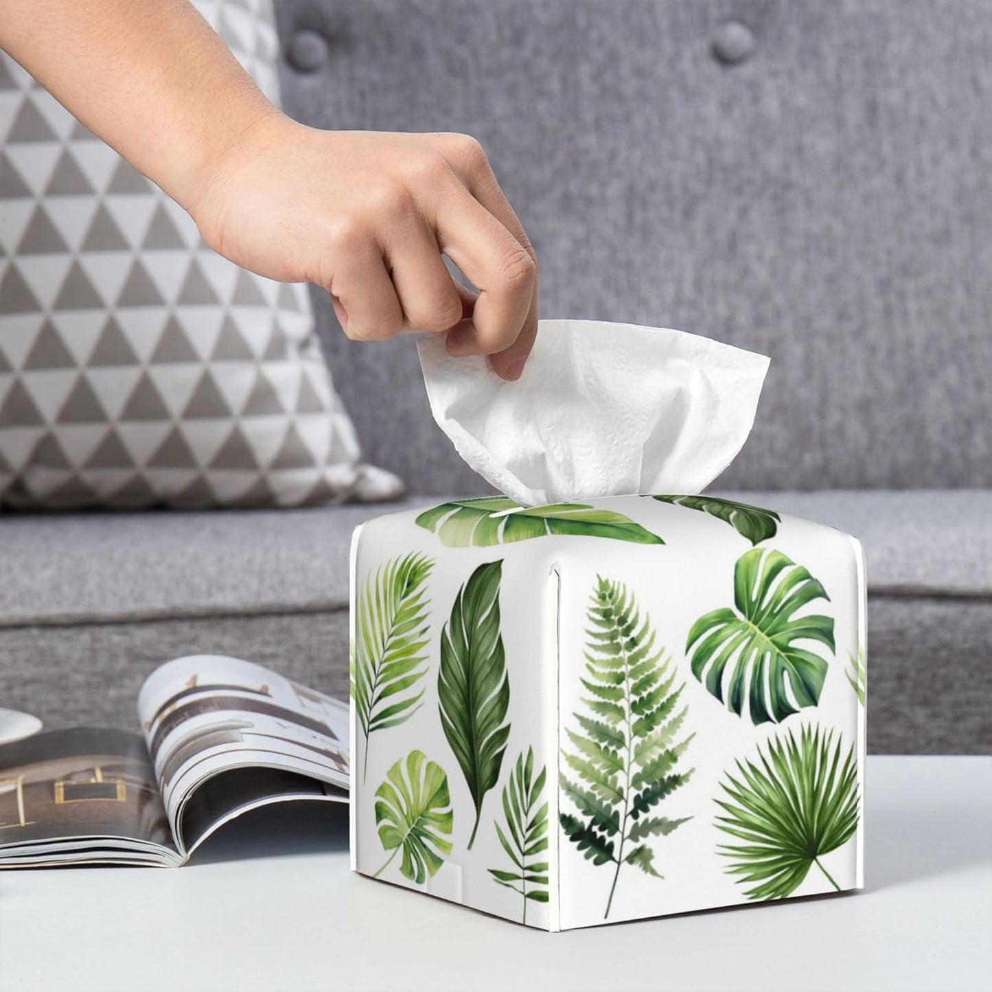 Green Tropical Leaves Tissue Box Cover Square,Watercolor Plant Palm Leaves Tissue Box Holder Waterproof Leather Facial Paper Organizer Dispenser for Bathroom Home Car Nightstand Vanity Desk