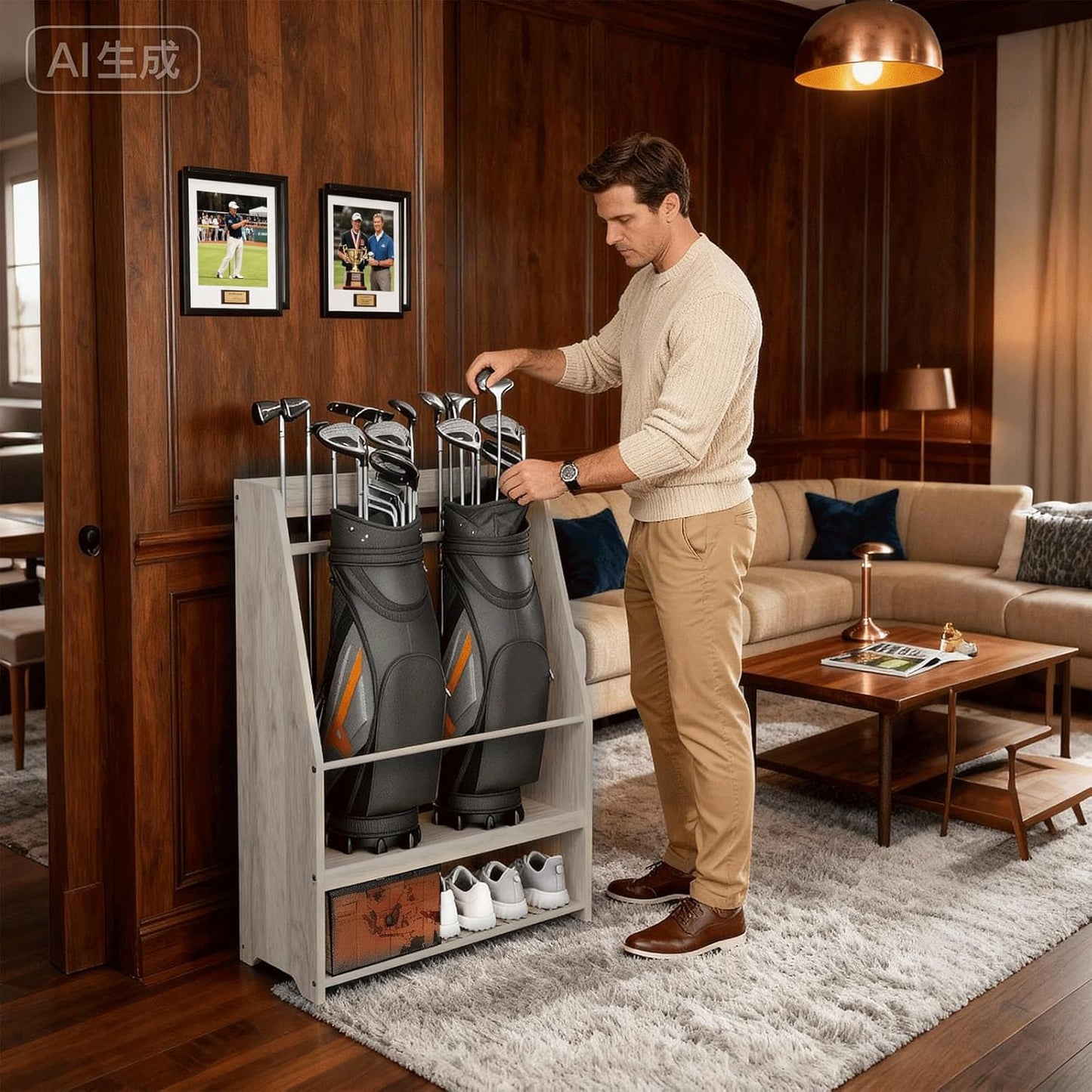 Golf Bag Organizer Rack – Large Wooden Golf Storage for 2 Bags, Clubs & Accessories with Dustproof Drawer, Sports Equipment Rack for Garage, Practice Room, Home or Office (Black)