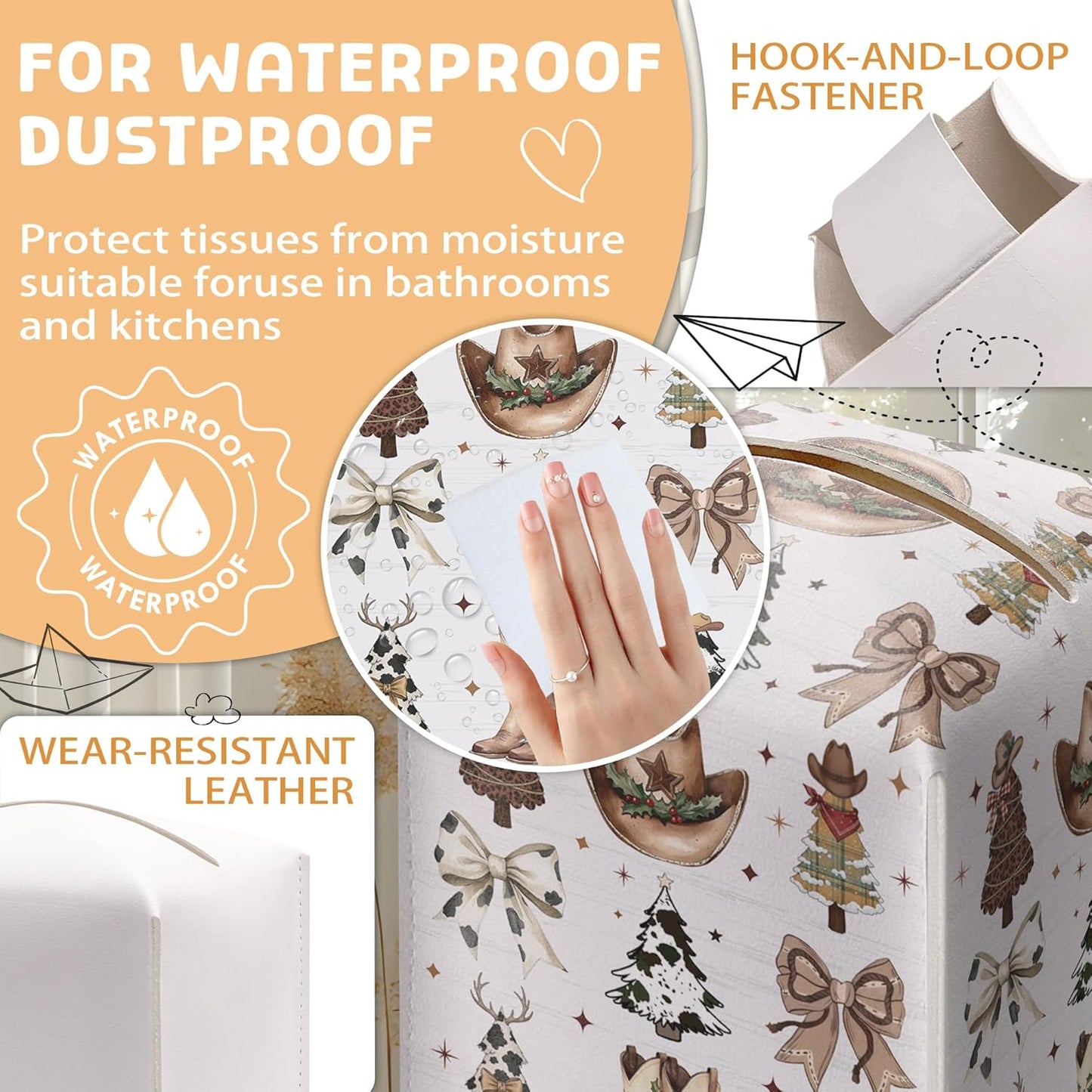 Country Christmas Tissue Box Holder, Cowgirl Boots Hat Christmas Trees Leather Tissue Box Cover Square, Paper Facial Decorative Tissues Cover for Bathroom Kitchen Office Home Decor-B33