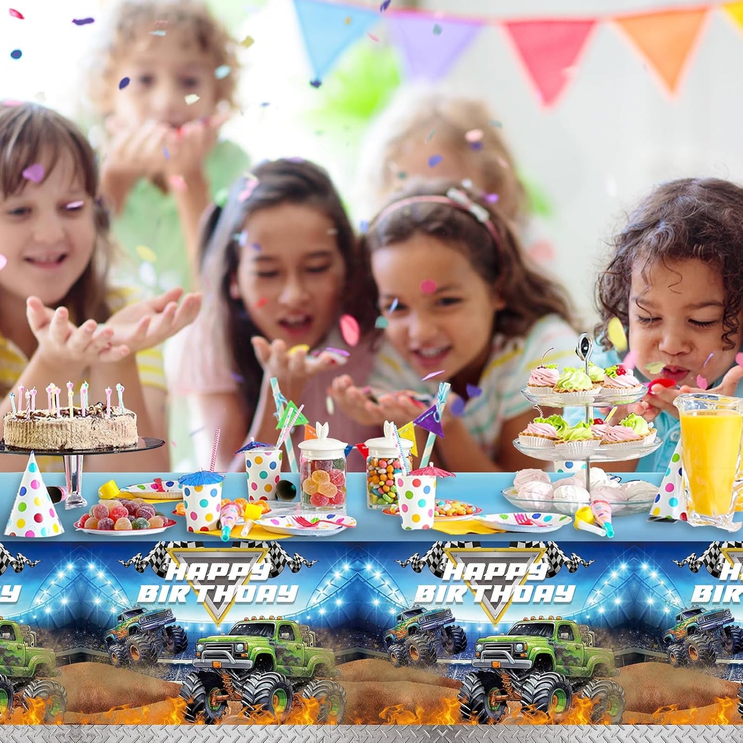 3 Pcs Monster Truck Birthday Party Tablecloths Plastic Disposable 108 x 54 Inches for Truck Theme Kid's Boys Birthday Shower Party Supplies