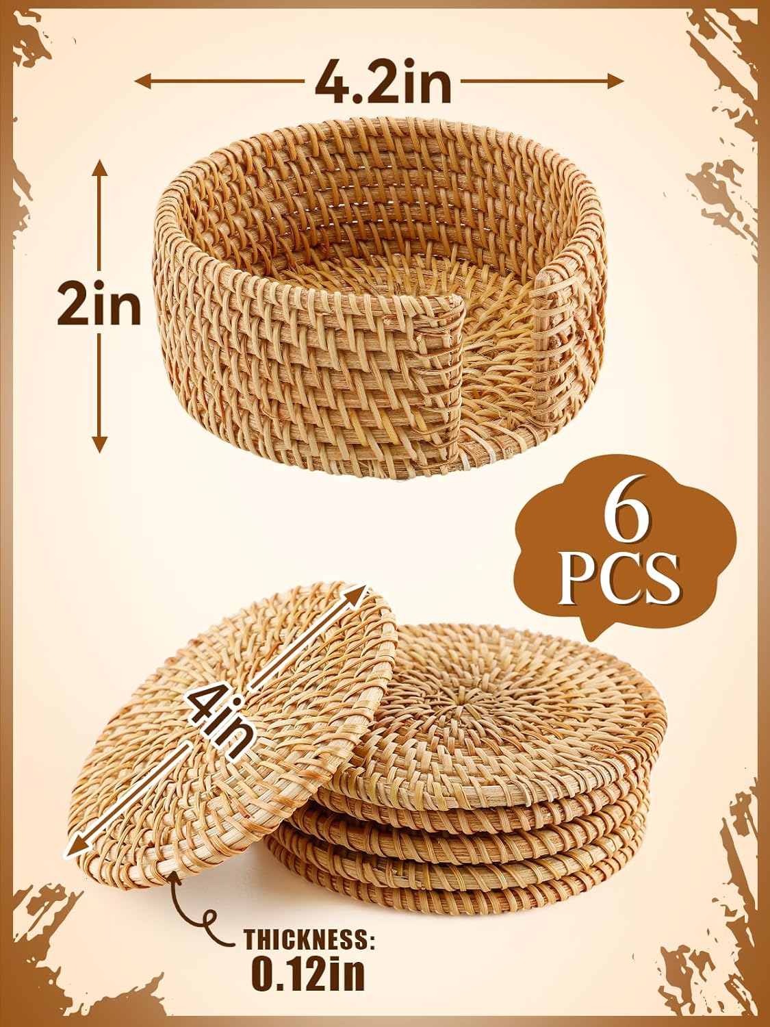 6pcs Natural Handmade Rattan Coasters with Holder - Wicker Drink Coasters Set for Protecting Table, Housewarming Gifts Boho Fall Home Decor