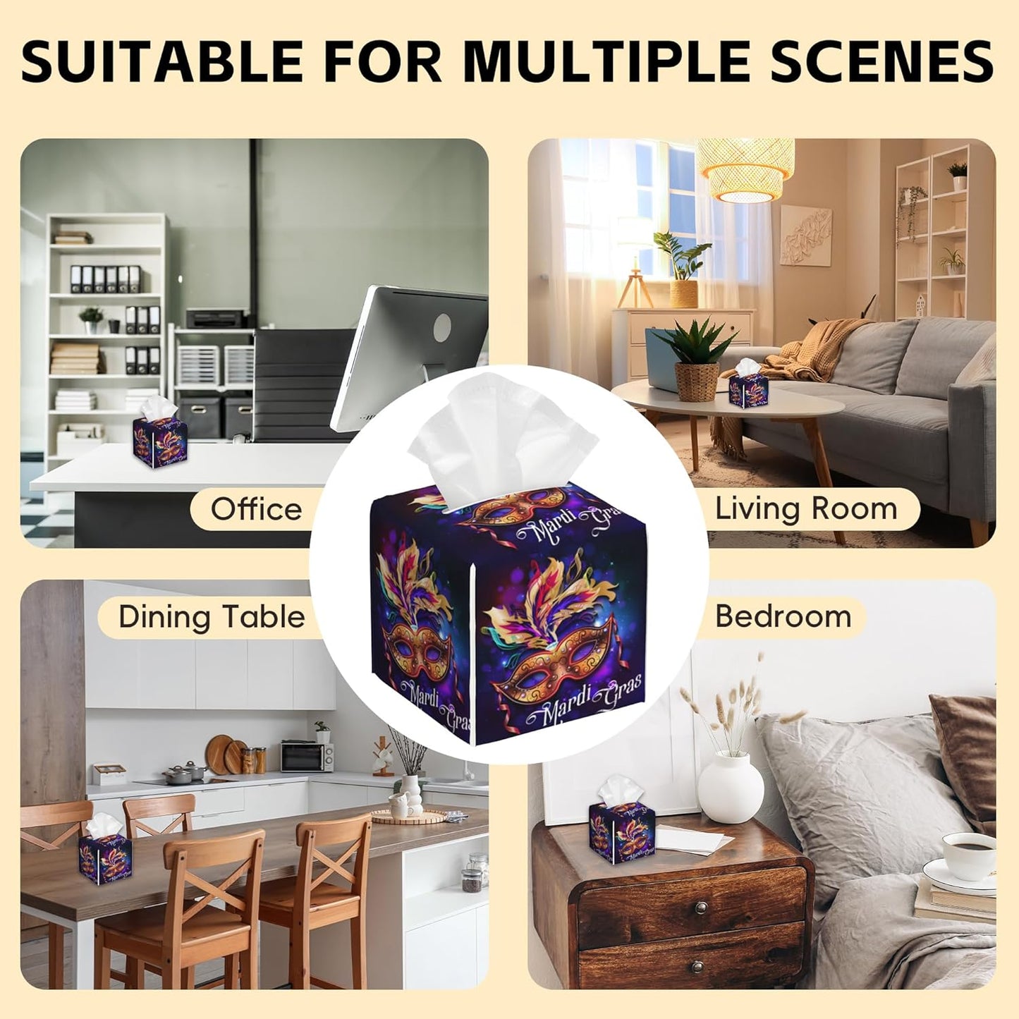 Tissue Box Cover Square,Mardi Gras Mask Tissue Box Holder Waterproof Leather Facial Paper Case Modern Home Decoration for Bedroom Dresser Night Stand Office Desk