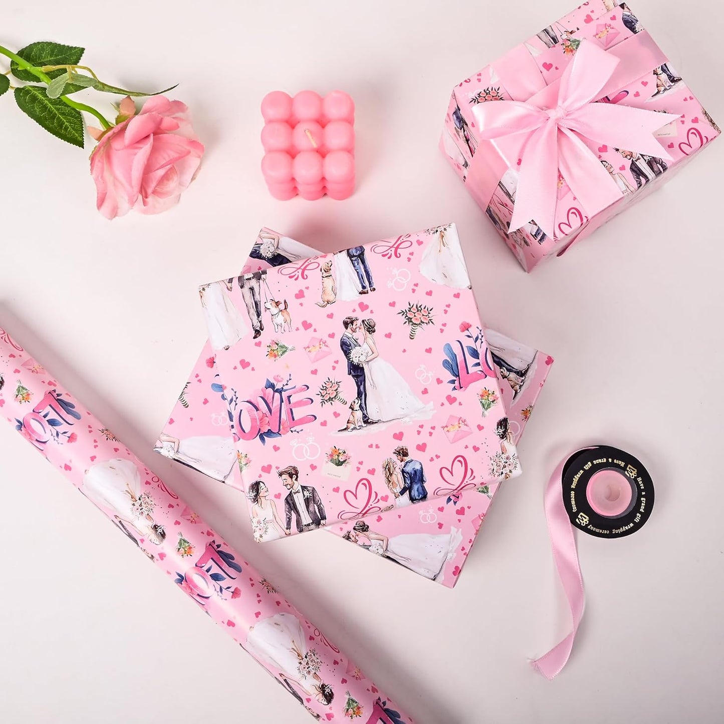 Vnaaem Reversible Wedding Wrapping Paper Roll for Girls Women - Pink Floral Design Gift Wrap for Holiday Bridal Shower Party - 17 in x 20 ft(Total 28.5sq.ft)