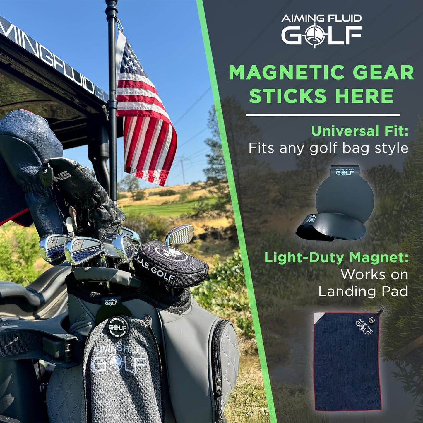 Magnetic Golf Towel & Magnetic Landing Pad – Premium Microfiber Waffle Weave I Scrub Pad I Wash Pocket I Golf Gift I Cart Carry and Tour Bag (Magnetic Landing Pad & 16" x 24" Golf Towel Black)