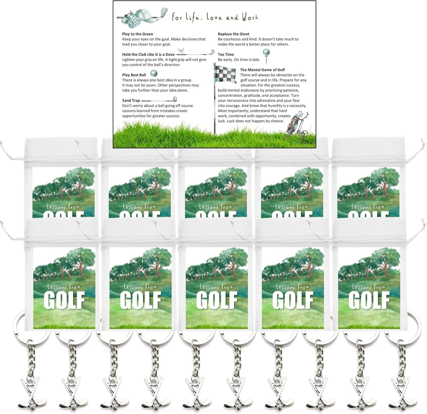 Smiling Wisdom - 10 Bulk Gifts - Wisdom From Golf 3.5x5in Cards & Keychains - Women Men Employees Staff - 30pcs - Silver Club Charms