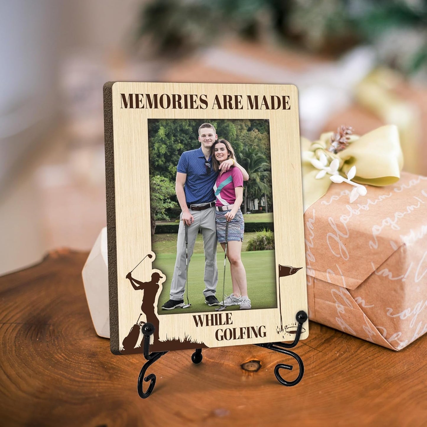 Special Golf Gifts for Family, Warm Memory Gifts for Female Male Friend, Golf Decorative Photo Frame, Vertical Wooden Picture Frame with Stand, Golfer Present, Home Office Desk Decor-B28