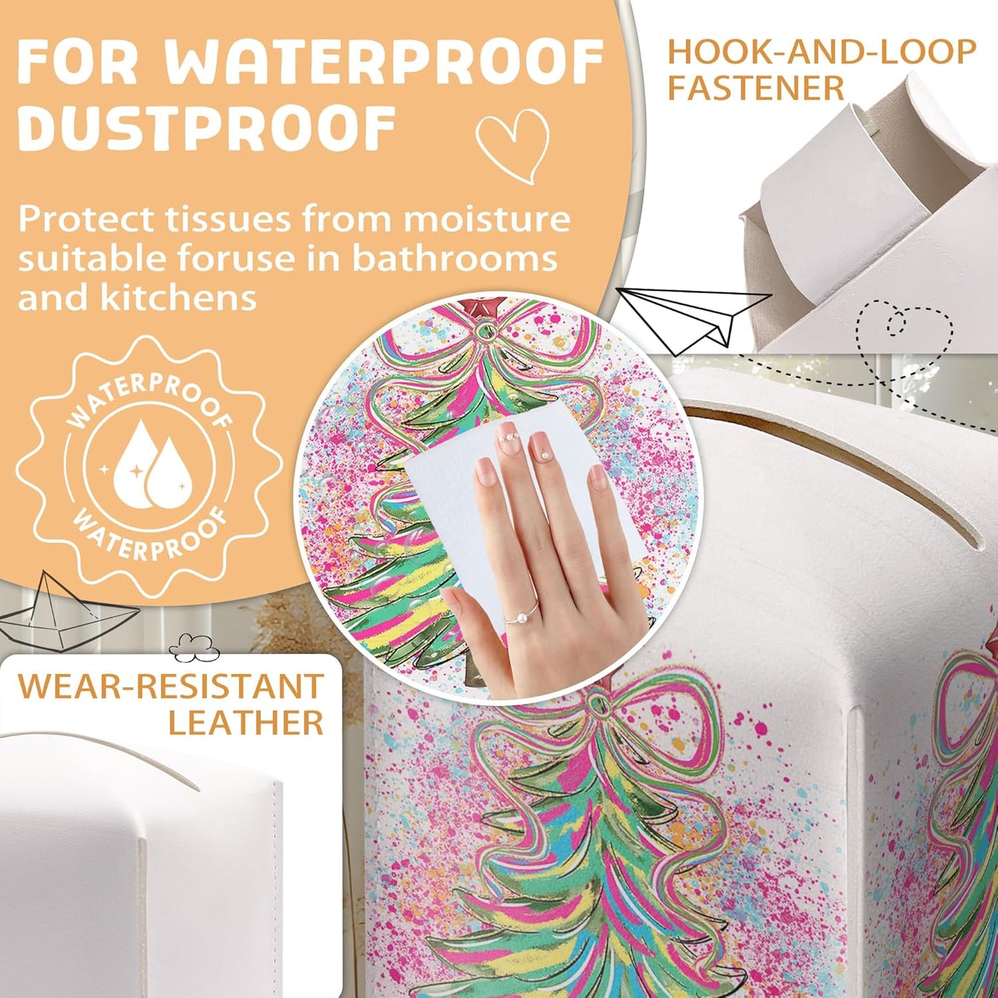 Christmas Tree Tissue Box Holder, Colorful Christmas Tree Leather Tissue Box Cover Square, Paper Facial Decorative Tissues Cover for Night Stands Bathroom Kitchen Office Home Decor-B01