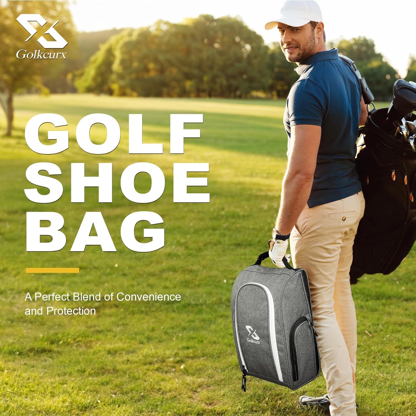 Golkcurx Golf Shoe Bag for Travel Zippered Sport Shoe Carrier Bags with Side Accessory Pockets for Socks, Tees, Golf Balls(Grey)