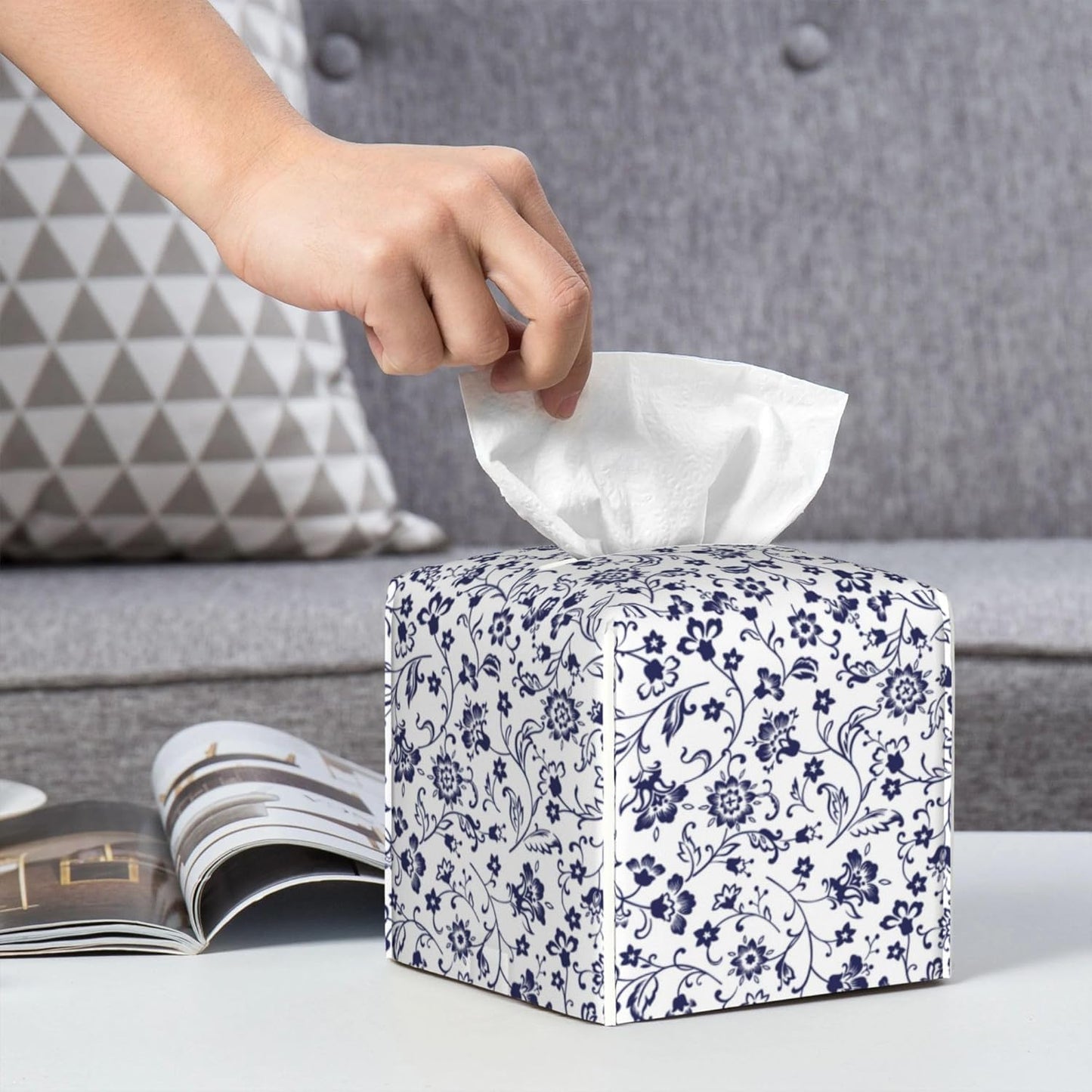Blue and White Tissue Box Cover Square, Abstract Blue Flowers Tissue Box Holder,Waterproof Leather Facial Paper Organizer Dispenser for Bathroom Home Car Decor