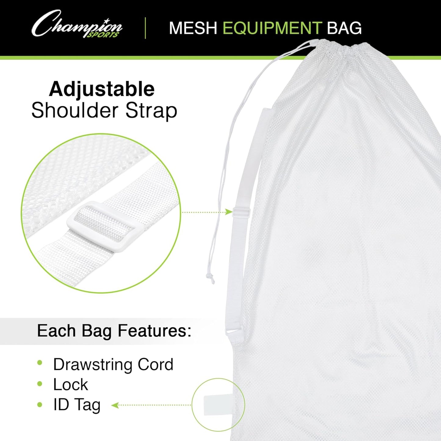 Champion Sports Mesh Equipment Bag – Heavy-Duty Nylon Drawstring Bag with Lock & ID Tag, Breathable Storage Sack for Balls, Swim Gear, Laundry & Toys, Multiple Sizes & Colors