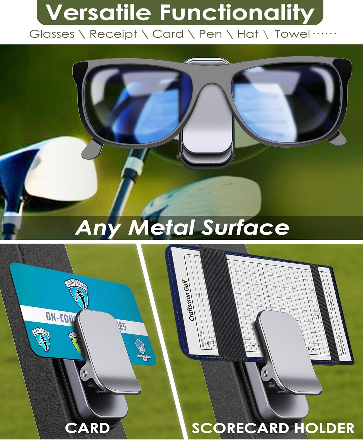 Sunglass Holder for Golf Cart, Magnetic Aluminium Sunglass Holder Clip Accessory for Golf Carts, Silicone Padded Eyeglass Clip Universal Fit with Gift Storage Bag