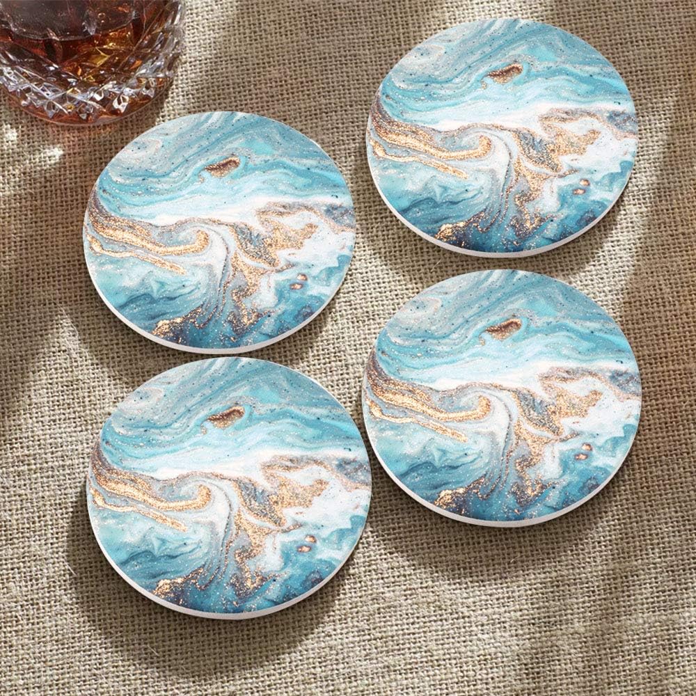 Lahome Marble Style Coasters - Round Drinks Absorbent Stone Coaster Set with Ceramic Stone and Cork Base for Kinds of Mugs and Cups (Blue, 4)