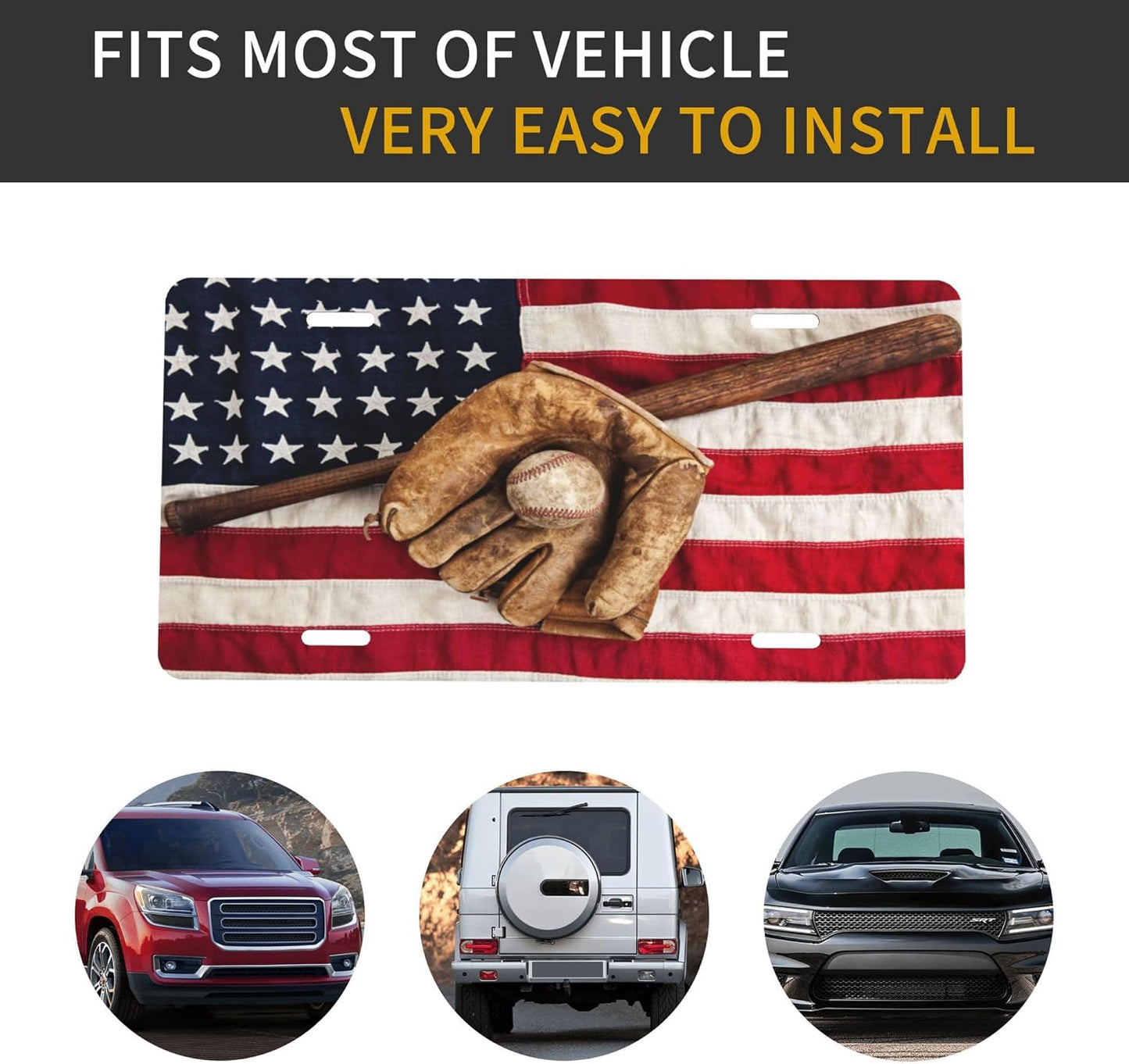 Flag American Baseball License Plate Funny Aluminum Front License Plates Decorative Waterproof Rust-Free Metal Car Plate Covers for Women Men Car Tag Accessories fit Truck SUV Rv 12 X 6 Inch