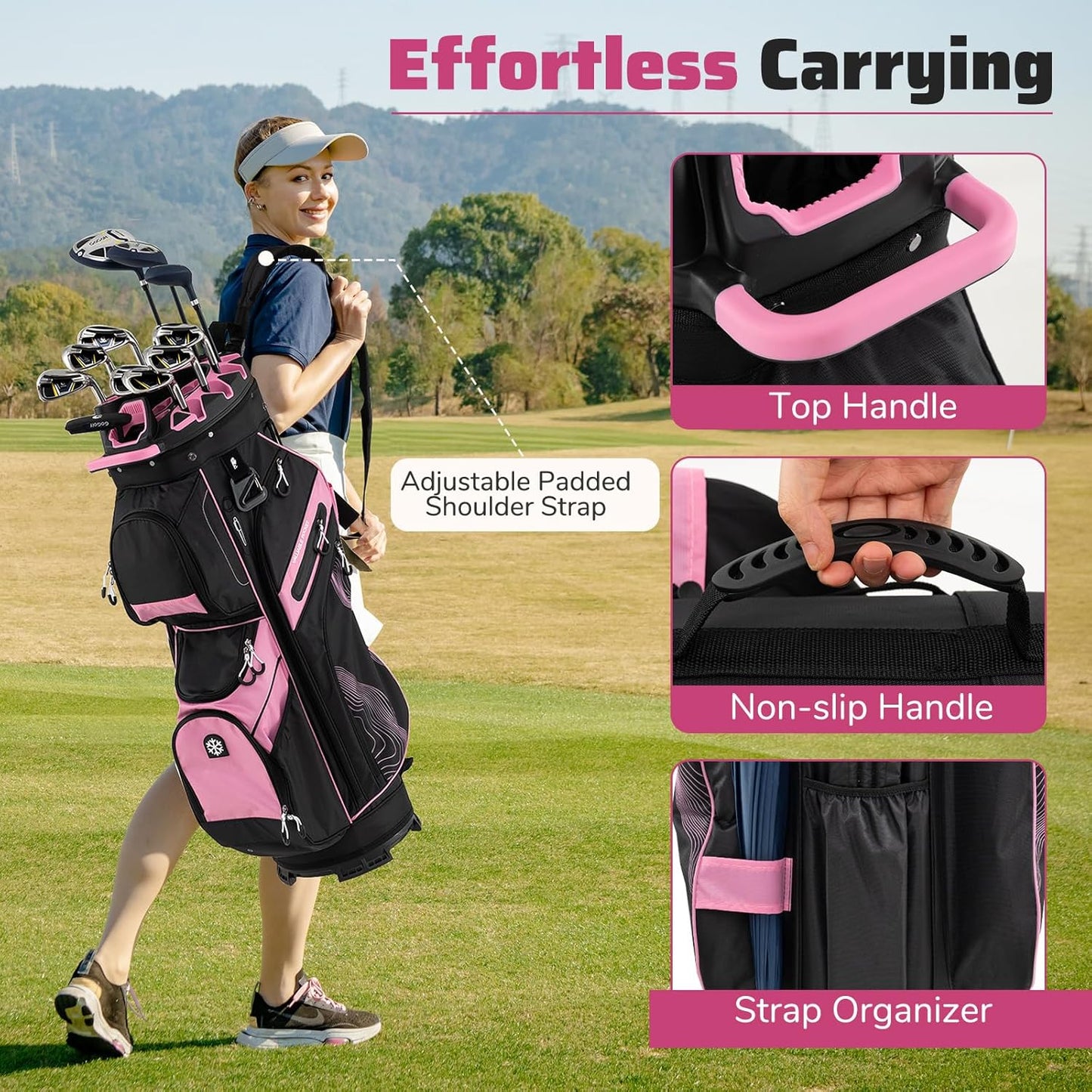 Tangkula Golf Cart Bag with 14-Way Full Length Dividers, 6 Molded Lock Top Golf Club Bag with 11 Pockets, Cooler Bag, Padded Strap, Handles, Umbrella Holder & Rain Hood