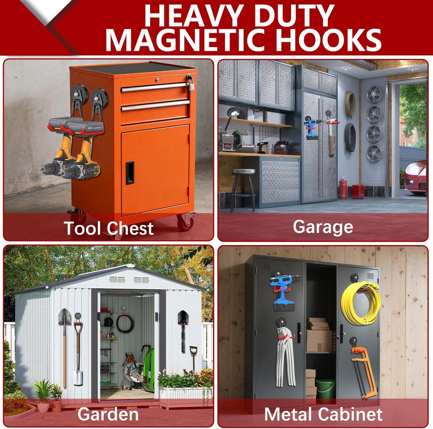 3-H Heavy Duty Magnet Garage Hooks 2 Pack, Extra Large Strong Magnetic Hooks for Hanging Cordless Power Drill, Utility Magnetic Tool Holder for Metal Cabinet, Steel Pegboard, Toolbox, Garage(Red)