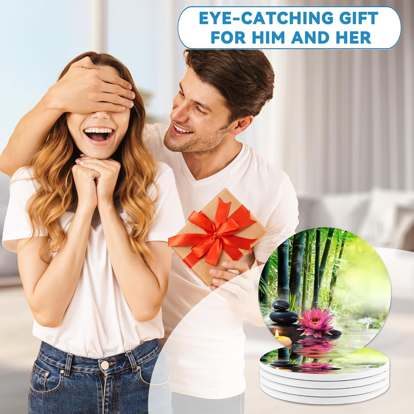 Zen Bamboo Round 4" Cup Coasters Set of 4, Absorbent Ceramic Stone Coasters with Cork Base, Ideal Home Decor Gifts