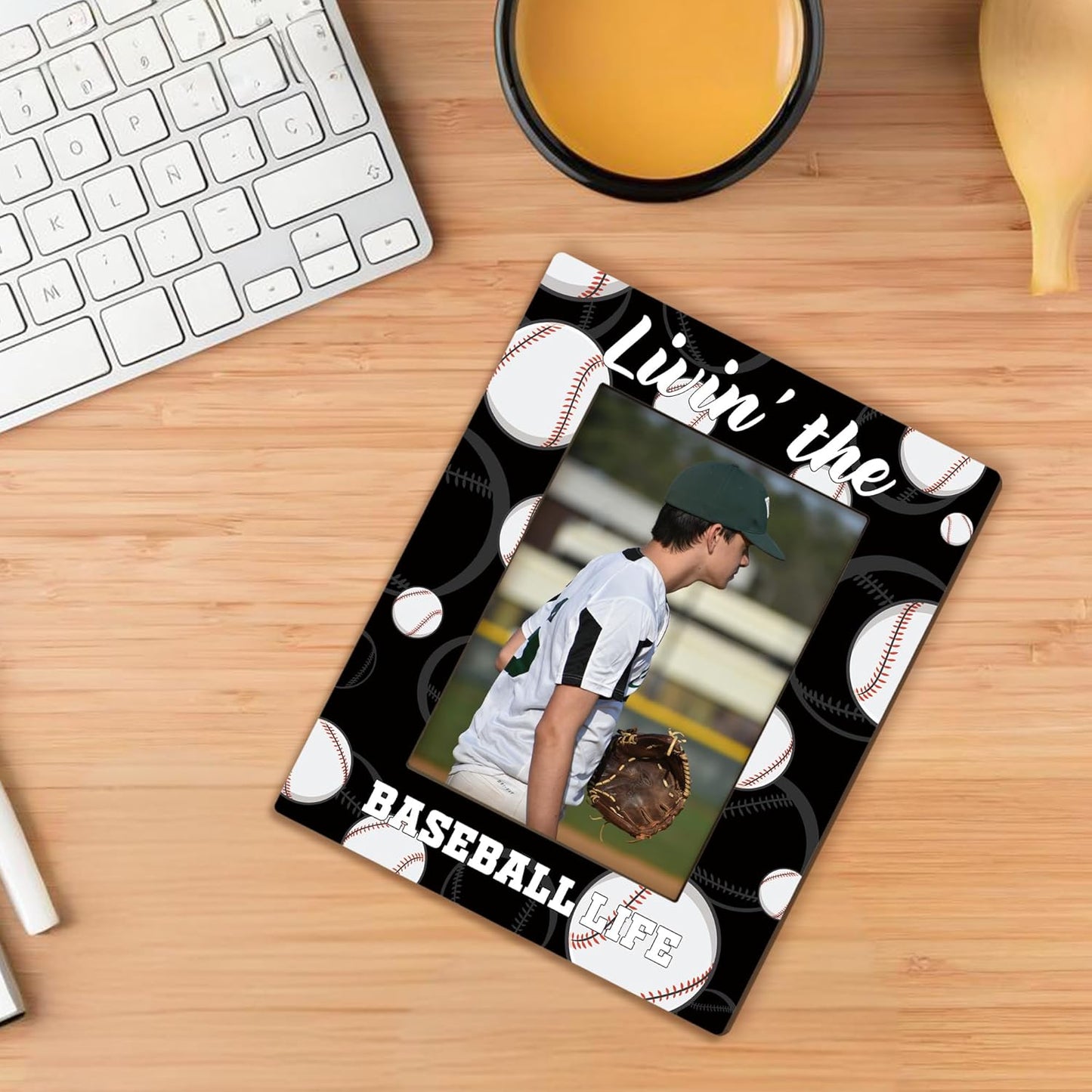 Baseball Picture Frame 5x7, Base Ball Lover Gifts Photo Frame, Base Ball Gifts for Men Boys BaseballPlayers, Livin'the Baseball Life Sport Wooden Picture Photo Frames for Desk Home Room Decor