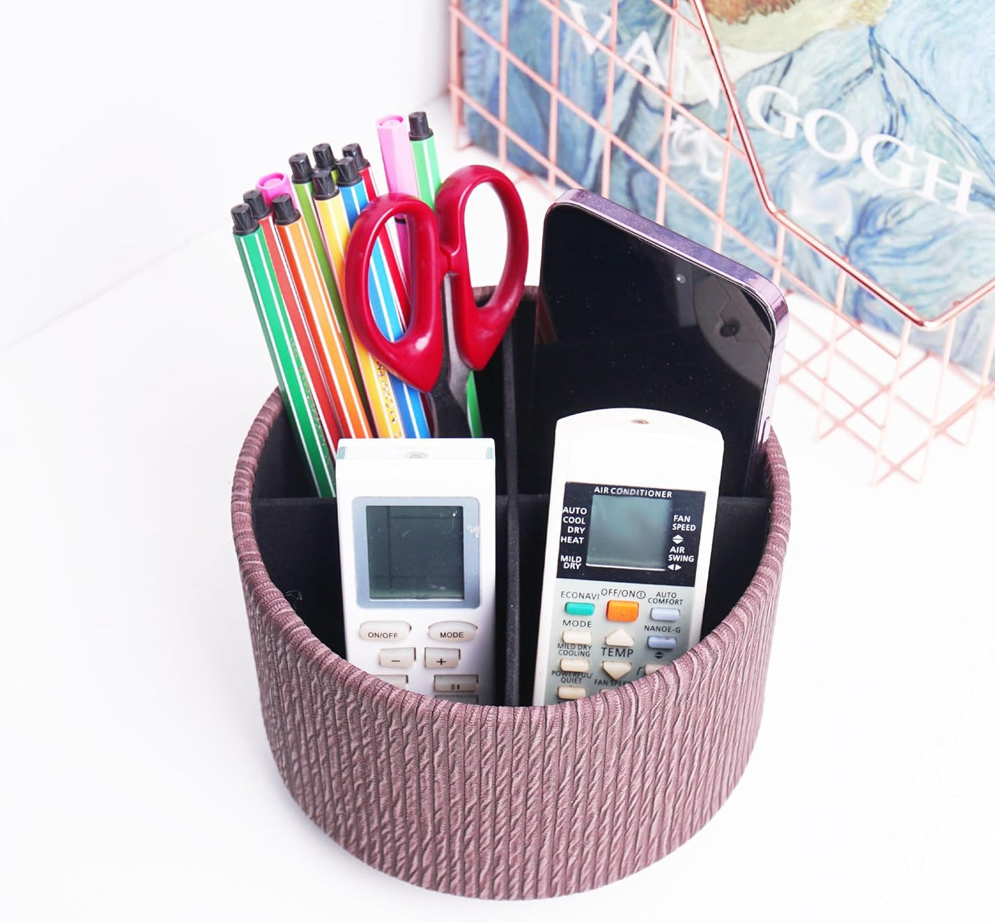 Hennaja Round Leather Art Supply Organizer,Remote Control Holder,360 Degree Spinning,Multi-Functional Pencil Holder,4 Compartments Desktop Stationary Organizer(1-Wood Soil)