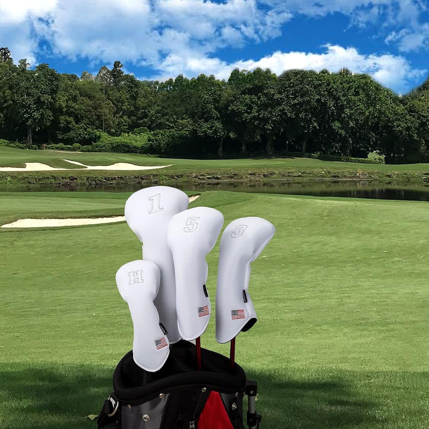 Golf Driver Head Covers 3-Pack for Men & Women - Premium PU Leather with Elephant Embroidery, Double Elastic Band (Driver/Fairway/Hybrid), Waterproof & Durable - White Grey or Black Grey