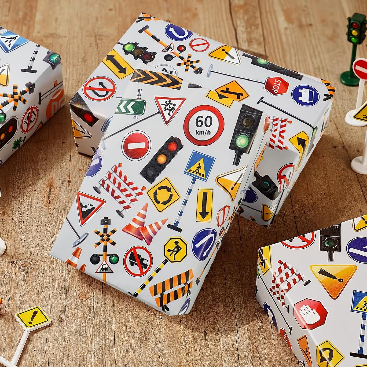 Traffic Sign Wrapping Paper Roll - 17Inch x16.4Feet - Road Street Traffic Lights Sign Theme Gift Wrap for Transportation Parties,Birthday,Celebration