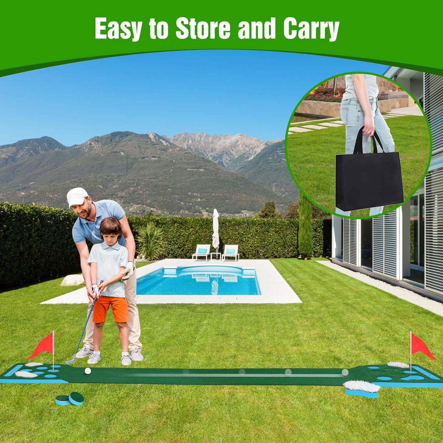 Golf Putting Game Set, Detachable Golf Putting Green Mat with 4 Balls, 2 Cups & Flags, 1 Portable Bag for Indoor & Outdoor Party Game Use